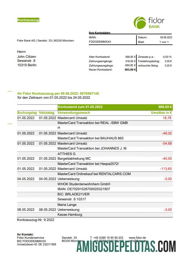 Germany Fidor modelo de extrato bancário
